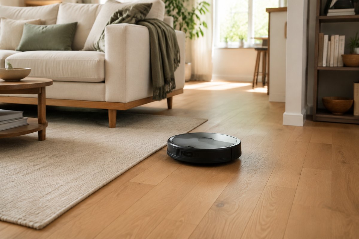 Illustrated living room with oak flooring, a cream sofa and a generic robot vacuum